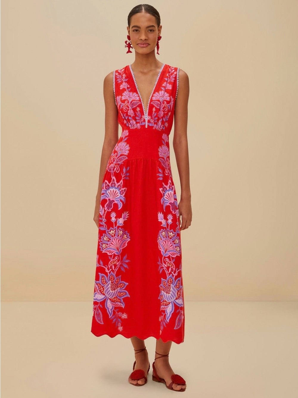 FARM Rio Red Midi Dress with Pink & Purple Floral Embroidery